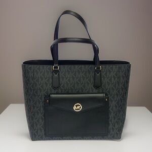 Michael Kors Large Black/Gray MK Signature Tote with Front Pocket